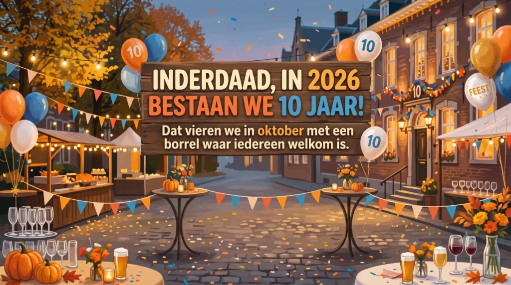 Feestelijk versierd caféterras met slingers, ballonnen en een spandoek met de tekst: Inderdaad, in 2026 bestaan we 10 jaar. Dat vieren we in oktober met een borrel waar iedereen welkom is.